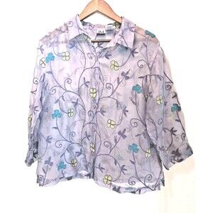 Vtg JM Collection 100% Silk Sheer Embroidered Blouse Sz L Purple Floral Boho
